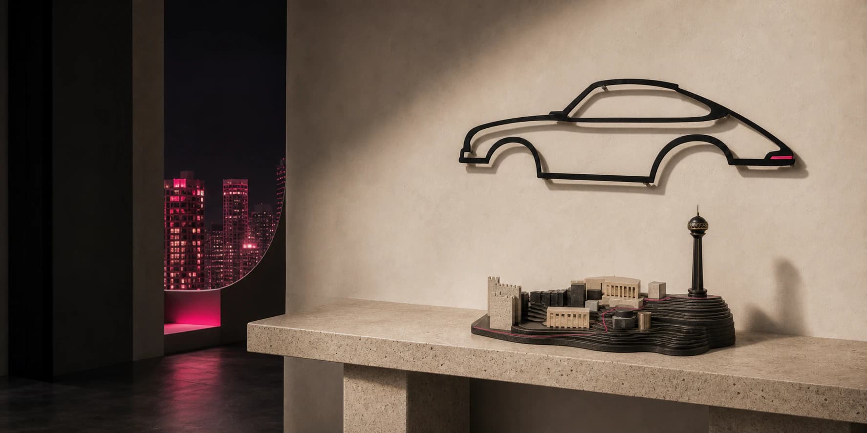 Harmoni Ankara city miniature and automotive wall sculpture in a contemporary interior